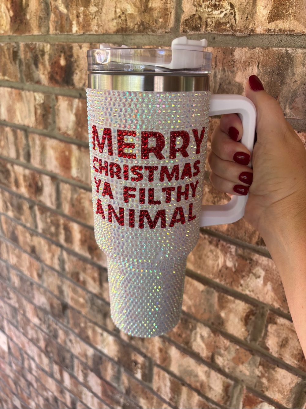 Merry Christmas Ya Filthy Animal Rhinestone Tumbler - White with Red Text